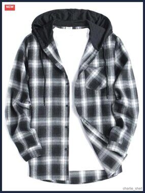 Men's Lightweight Flannel Hoodie Shirt Long Sleeve Plaid Button Down Casual